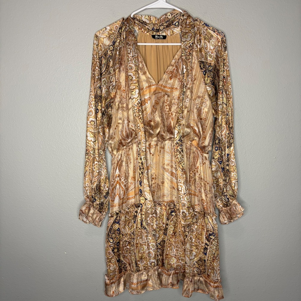 Miss Me Gold Paisley Metallic Mini Dress Elastic Waist Med Tier Ruffles Bohemian